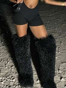 Women's Winter Knee High Boots Pull-On Faux Fur Round Toe Strap Boots For Women Comfy Plush Warm Outdoor Indoor Flat Shoes Punk Party Dressy Furry Fluffy Winter Autumn Fall Boots - 長款黑色 - 查看 4