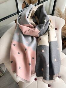 1pc Faux Cashmere Warm Blanket Winter Scarf Fashion Floral Print Thick Pashmina Poncho Tassel Shawl Wraps - Pink Love Heart - View 1