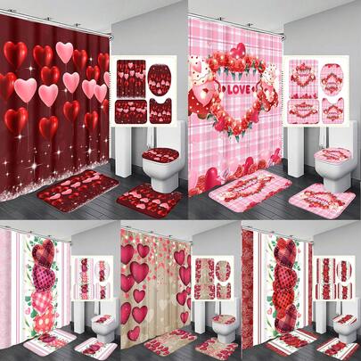 1pc/4pcs Classic Rose Heart Shaped Shower Curtain Set - Heart, Balloon, Rose, Teddy Bear Design - Fashionable Polyester Woven Valentine's Day Decor, Spring Decor, Bathroom Divider Curtain With 12 Hooks, Non-Slip Bath Mat, Toilet U-Shaped Mat, Toilet Lid Cover, Bathroom Set