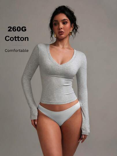 XLLAIS Mjuk och bekväm bomulls-T-shirt med lång ärm och V-ringning, grå