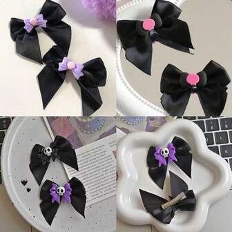 2个哥特风黑白紫色骷髅头十字架蝴蝶结发夹，百搭甜美洛丽塔配饰，爪夹，发卡，发夹
