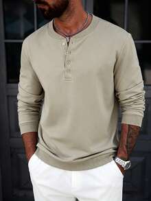 Men's Henley Neck Long Sleeve T-Shirt - Khaki - View 1