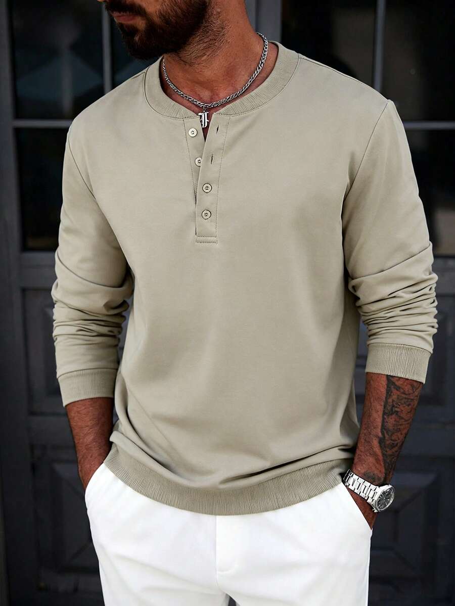 Men's Henley Neck Long Sleeve T-Shirt - Khaki - View 1