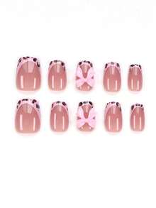 ARTAUG 40pcs XS/S/M Size French Manicure Nail Stickers, Short Square Fake Nails, Leopard Print French Tip Red, Pink, White, Black Bow Design, Glossy Press-On Reusable Nail Stickers, Cute Nail Art Decals For Women - Multicolor - View 3