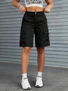 Women's Solid Color Casual Versatile Multi-Pocket Cargo Bermuda Shorts - Black - View 7