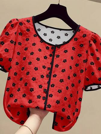 花卉印花撞色滚边衬衫，优雅圆领纽扣短袖上衣，适合春夏穿着，情人节女士服装，女士休闲上衣，夏季度假装