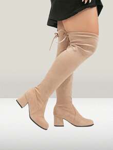 Giày bốt cao đến đầu gối dáng rộng dành cho nữ, có khóa kéo, phần thân bốt co giãn, gót dày, màu đen, màu be, dáng rộng. - Màu be - Xem 8