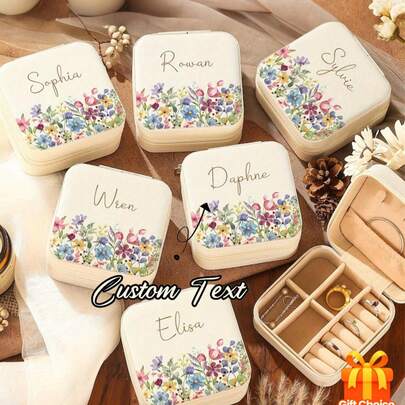 1 pieza Caja de joyería personalizada con campo de flores silvestres en beige, cierre con cremallera, nombre personalizable, regalo para dama de honor, regalo de graduación o cumpleaños (para hermanas y amigas) | Mejor regalo para la madre | Regalo del Día de San Valentín | Regalo para ella | Regalo de Navidad, Caja de joyería, Joyería