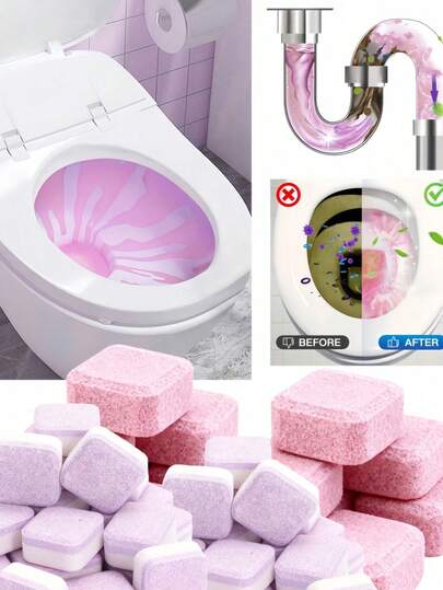 16pcs/24pcs/36pcs/50pcs Purple & Pink Powerful Toilet Cleaning Effervescent Tablets, Deodorizing And Urine Stain Removal, Alkaline Solvent, Rich Foam, Suitable For Toilet, Washing Machine, Cup Cleaning, Removes Odor And Stains. Includes 1 Toilet Seat Cover.