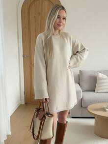 女秋冬韩版优雅宽松毛衣裙灰色圆领长袖简约休闲舒适穿着适合日常外出 - 淺卡其 - 查看 5