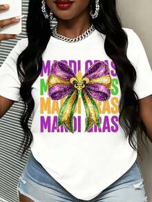 Women Mardi Gras Purple Gold And Green Bow With Fleur De Lis Print Round Neck T Shirt Fashion Cotton Casual Top For Festival Party Celebration - trắng - Xem 6