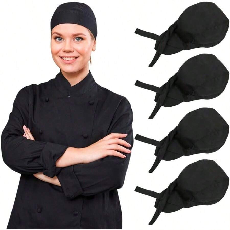 WSXC 4 Pack Adjustable Tie Back Chef Cap - Breathable Cooking Kitchen Hat For Women And Men - Black - View 1