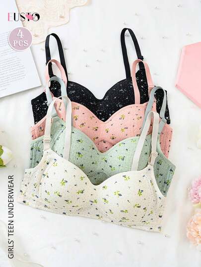 EUSTO 4Pcs Pack Girls' Teen Underwear Push-Up Bra For Small Busts - Floral Print Wireless Adjustable Strap Full-Cup Bras With Non-Detachable Pads,Students 13-15Y