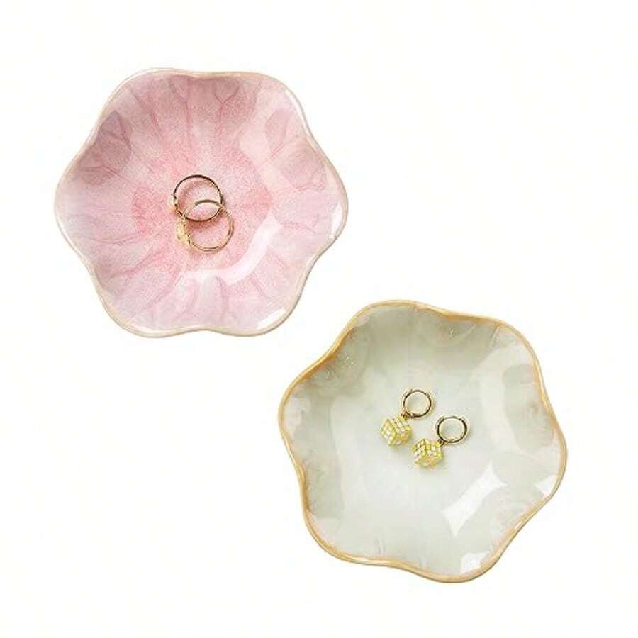 Lotus Leaf Shape Decorative Ring Tray Small Key Bowl Ceramic Trinket Tray Jewelry Dish Organizing Necklace Earrings Home Decoration For Mom Best Friend Sister Pink. - 粉紅色+淺綠色-蓮花 - 查看 1