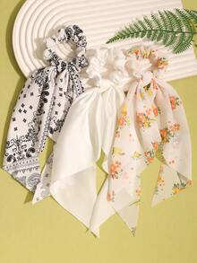 3件套白色佩斯利碎花三角围巾发带发饰，休闲波西米亚复古宫廷风派对可爱风，涤纶材质，四季皆宜，发圈，发绳 - 白色 - 查看 1