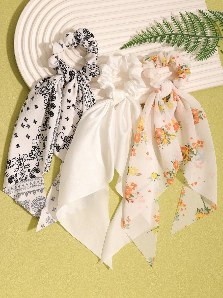 3件套白色佩斯利碎花三角围巾发带发饰，休闲波西米亚复古宫廷风派对可爱风，涤纶材质，四季皆宜，发圈，发绳 - 白色 - 查看 1