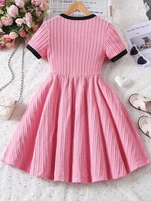 女童方领蝴蝶结装饰优雅短袖连衣裙，春夏款