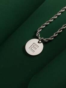 1pc Fashionable Hiphop Stainless Steel Round Disc 26 Letters A-Z Pendant With Stainless Steel Twisted Chain Necklace, Suitable For Men's Daily Wear - Steel-colored Round Letter Necklace - View 28