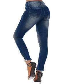 Women's Jeans Butt Lift Comfy Stretchy Ripped Skinny Mid Waist Destroyed Denim Pants (Pack Of 2) - Dark Blue and Blue - View 4