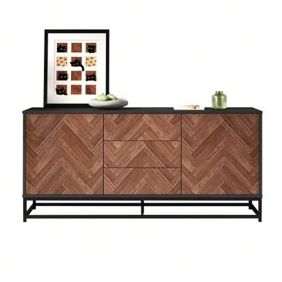 Modern Living Room Chest Of Drawers 145 X 40 X 67 Cm, 3 Drawers, 2 Doors, Width 145 Cm, Metal Structure, Adjustable Dividers, Wood And Black Colour.