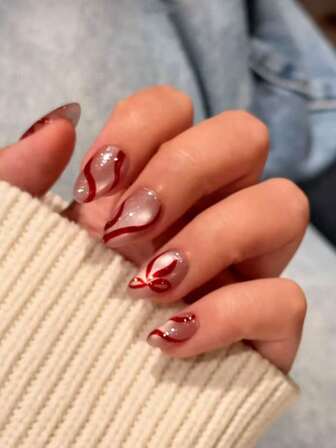 10 piezas de esmalte de uñas con forma de almendra hecho a mano, esmalte de uñas de ojo de gato plateado de luz amplia, decoraciones de lazo y borla rojos, esmalte de uñas punteado de ojo de gato plateado con lunares rojos, borde francés con purpurina roja fina en forma de lazo, diseño rayado de ojo de gato plateado y rojo, minimalista y elegante con un toque de sofisticación. Uñas inspiradas en el diseño adecuadas para cualquier ocasión, se pueden usar o quitar/presionar rápidamente.