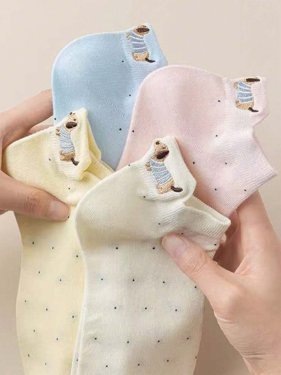 5 pares de calcetines de tobillo transpirables y de corte bajo con diseño de orejas de cachorros lindos y aleatorios - Multicolor - Ver 1