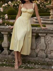 女士时尚休闲吊带修身长款开衩无肩带连衣裙，适合春夏穿着，优雅大方。 - 黃色 - 查看 2