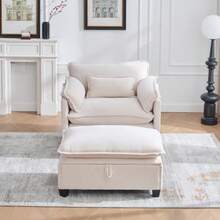 Moderner übergrßer Sessel Mit Fußstütze Und Hocker, Samt-Loungesessel Mit Seitentaschen Und Kissen, Bequemer Lesesessel Für Wohnzimmer, Schlafzimmer Und Wohnung - Beige - View 3