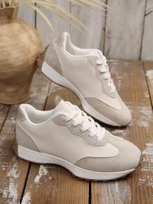 2025秋季新款加大码女式休闲透气运动鞋厚底白色鞋 - 米色 - 查看 2