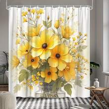 Floral Shower Curtain, Elegant Yellow Flowers Shower Curtain For Bathroom, Waterproof Fabric Shower Curtain Set With 7 Hooks 66x72 Inches Bathroom Accesssories Bathroom Deccor Bathroom Essentials Home DéCor - 彩色 - 查看 1