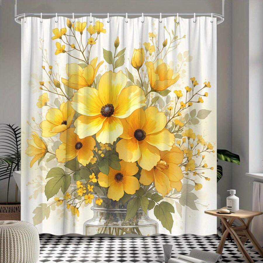 Floral Shower Curtain, Elegant Yellow Flowers Shower Curtain For Bathroom, Waterproof Fabric Shower Curtain Set With 7 Hooks 66x72 Inches Bathroom Accesssories Bathroom Deccor Bathroom Essentials Home DéCor - 彩色 - 查看 1