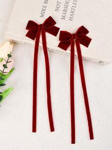 2pcs Women's Hair Accessories Velvet Long Ribbon Bow Barrette Cute Girl Versatile Side Clip Double Ponytail Hair Clips Elegant Bow Hair Decor For Daily Use, Claw Clips, Hair Slide, Hair Barrettes - Burgundy - View 4