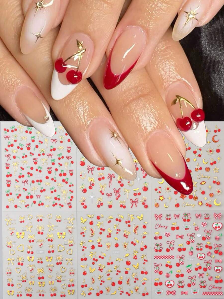 6pcs Cherry Bow Nail Art Stickers Set, Sweet Red Bow Design With Gold Accents, Self-Adhesive DIY Nail Decor, Cherry Theme Nails - Multicolor - View 1