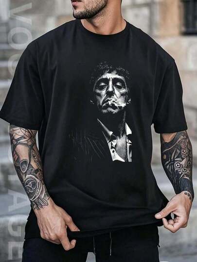 Camisetas para Hombre, Camisetas para Hombre, Ropa para Hombre, Camisetas de Algodón para Hombre, Ropa, Camiseta de Algodón Negra y Blanca de 180g, Patrón de Impresión Tony Montana, Camiseta de Algodón de Alta Calidad 1WSF