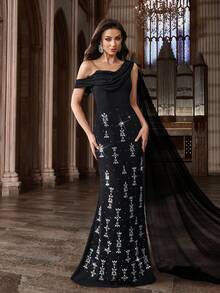 Designorientiertes Diamant-Strass-Verzierungskleid für Damen, funkelndes Abendkleid mit heißem Bohrdekor für Dinner, Cocktail, Charity-Abschlussball, Party, ärmellos, asymmetrischer Ausschnitt, schlanke Maxi-Kleider