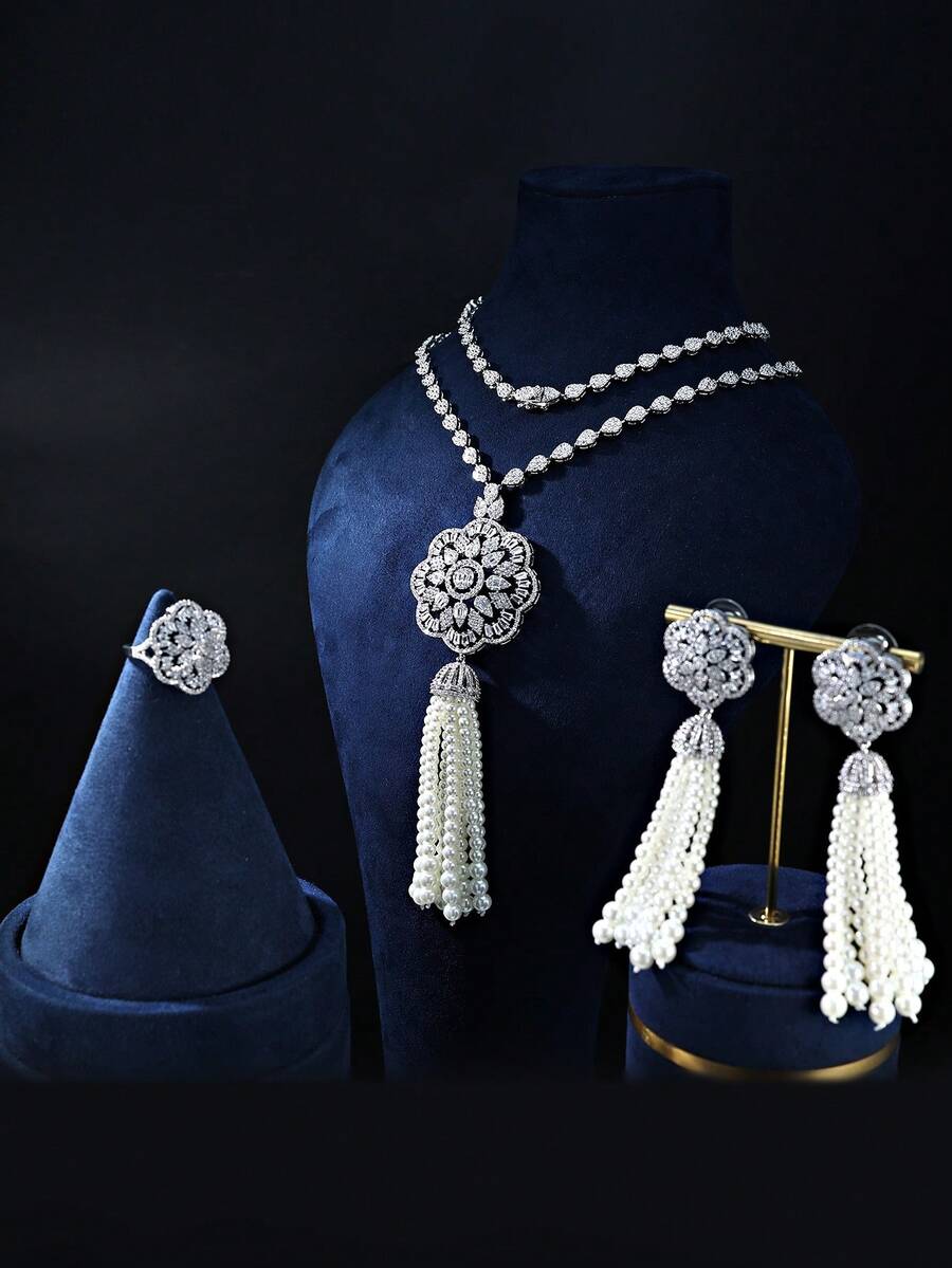 3pcs Platinum Plated Cubic Zirconia Tassel Pearl Sweater Chain Set: Necklace, Earrings, Ring, Luxury Sparkling Jewelry Set For Women, Party - Platinum Tassel Pearl Long Necklace 3-piece Set - View 1