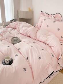 Conjunto de capa de edredom com bordado fofo, 3 peças, tamanho king, estampa de laço, tecido macio rosa, com zíper e amarras, ideal para quarto de meninas, decoração de quarto, respirável e fácil de cuidar.