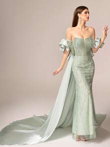 VIPGIRL Elegant Luxury Women's Strapless Long Evening Dress With Contrast Sequin And Mesh Details Sleeveless Formal Gown - Mint Green - View 8