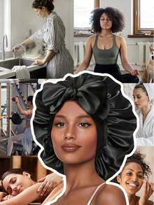 1pc Double Layer Satin Bonnet With Tie Silk Lined Sleep Cap Hair Cover For Women's Night Sleep CapCurly Natural Hair - A - 查看 6