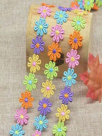 1 Roll 2.5cm/1 Inch Multi-Color Jacquard Embroidered Daisy Lace Trim, Polyester Satin Ribbon For Wedding DIY Craft, Sewing Garment Accessories, Clothing, Shoes, Bags Decoration