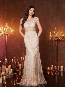 UNITHORSE Boat Neck Sequin Formal Dress - Apricot - View 3