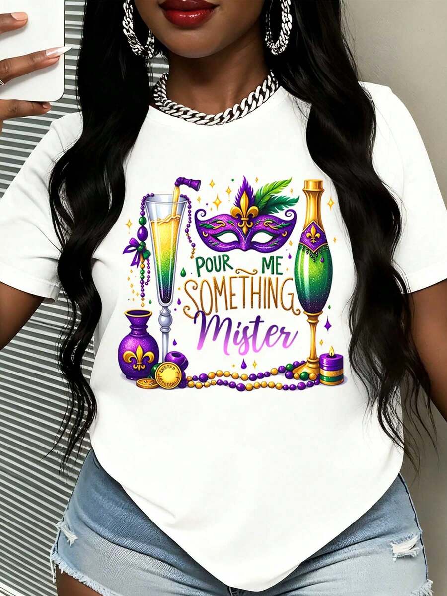 Women Mardi Gras Mask Champagne Bottle And Beads Print Pour Me Something Mister Round Neck T Shirt Fashion Cotton Casual Top For Party Celebration - 白色 - 查看 1