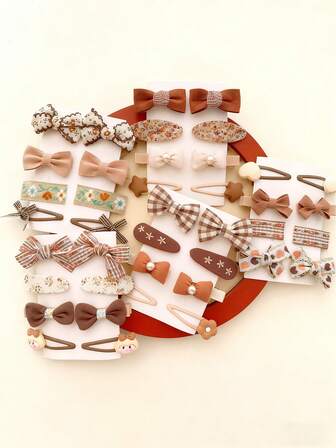 8个棕色刺绣花卉布艺蝴蝶结发夹，儿童多功能发卡，奶茶色布面，女童款