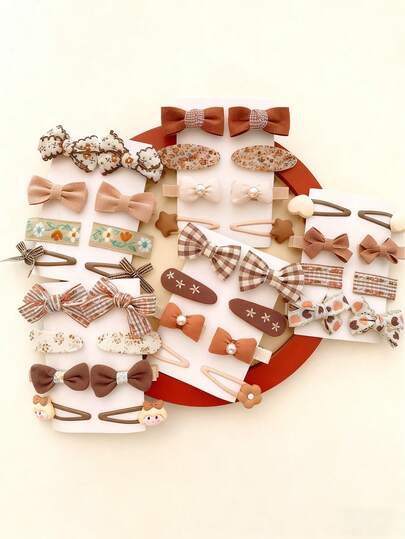 8个棕色刺绣花卉布艺蝴蝶结发夹，儿童多功能发卡，奶茶色布面，女童款