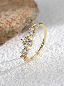 Charm-In 1 pezzo Anello da donna in ottone placcato oro 18K con pietra di zirconia geometrica, disponibile in più misure, regalo ideale per San Valentino o la Festa della Mamma - Dorato - Visualizzare 2