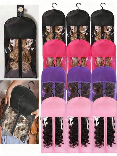 6pcs/3pcs/1pc Extra Long Wig Stand Storage Bag With Hooks - Transparent Front Window, High-Strength Plastic Travel Wig Box, Zipper Closure, Suitable For Long Wigs, Ponytails, Buns, Extensions - Salon And Home Organization, Wig Accessories, Transparent Window Design, Foldable