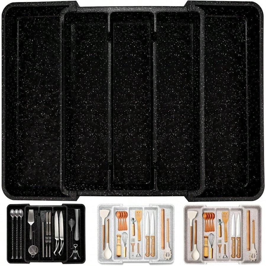WSXC Utensil Drawer Organizer For Kitchen Cutlery Expandable Large Silverware Organizer Adjustable Cooking Utensil Tray Plastic Spatula Tools And Gadgets Storage Divider Marble Design Black - Black1322WX15D - View 1
