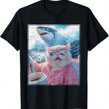 Funny Cat Shark Meme Selfie Cat on a Yacht Boat Men Women Kids T-Shirt - Negro - Ver 1