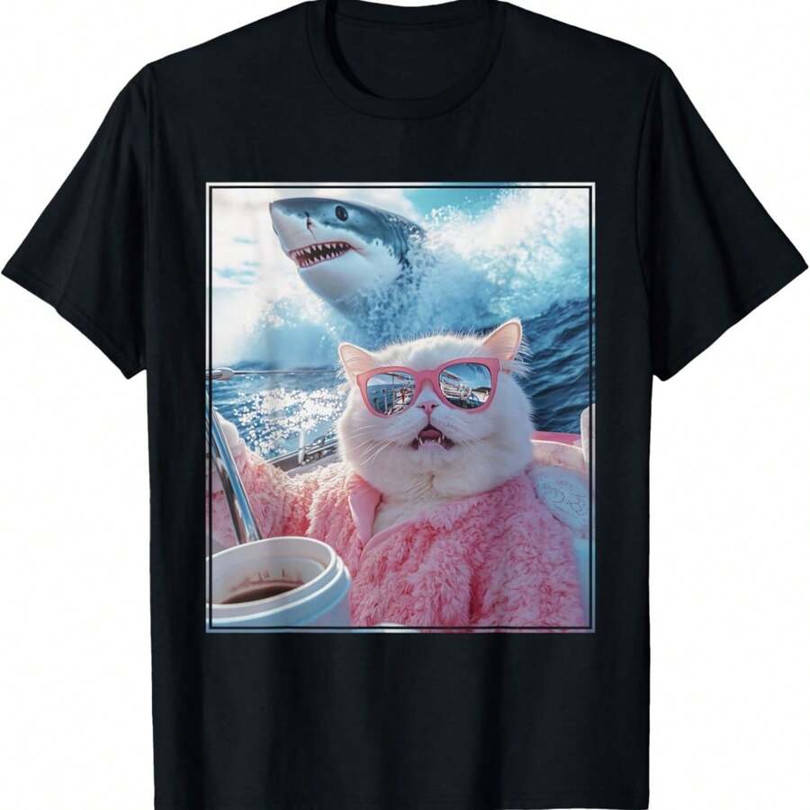 Funny Cat Shark Meme Selfie Cat on a Yacht Boat Men Women Kids T-Shirt - Negro - Ver 1
