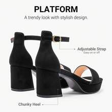 High Heels For Kids Sandals Big Girls Dress Shoes Flower Girl Shoes For Wedding Party Pageant Round Open Toe Ankle Strap Dress Sandals Platform Heels Chunky Pumps For Little Big Kids - 牛巴革黑色 - 查看 4